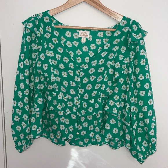Wrangler Tops - Wrangler Billabong Green and White Floral Loose Fit Cropped Blouse Top Size Med
